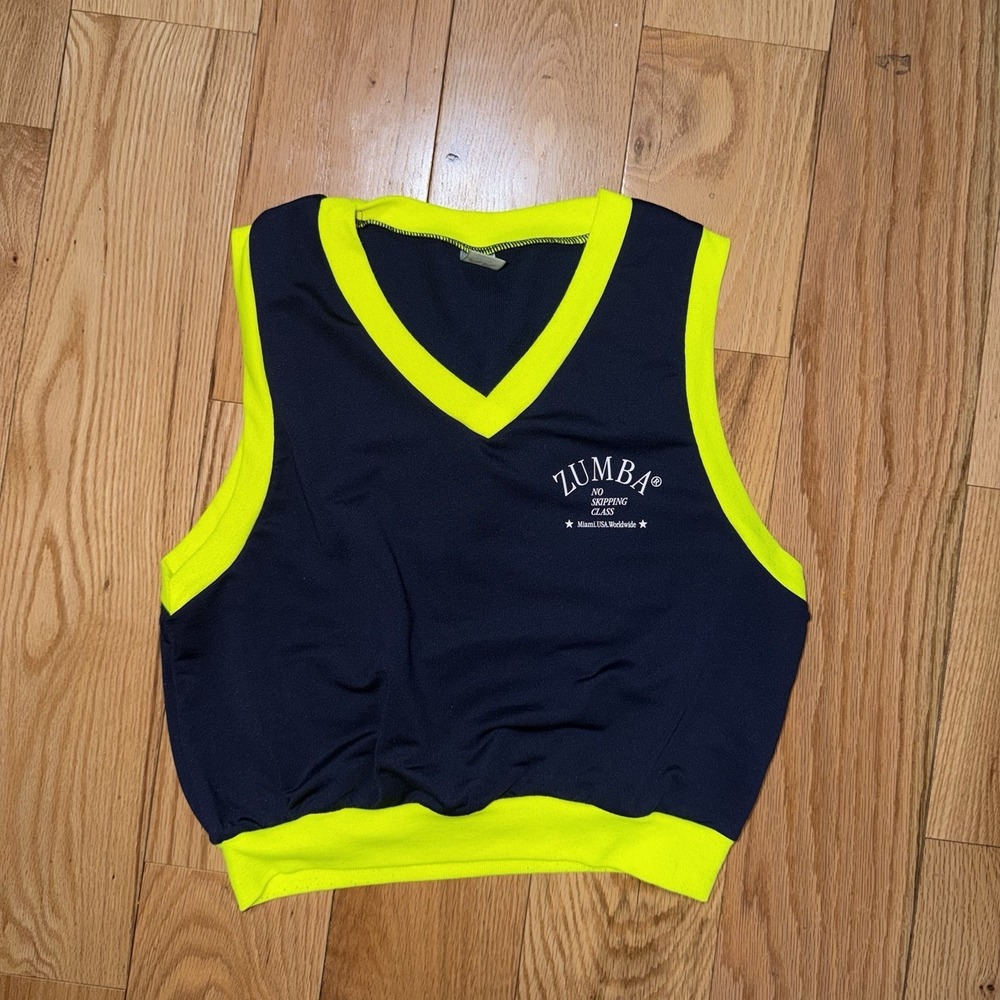 Zumba Fitness Womens Blue Sleeveless Crop Top  Neon Yellow Trims Size Large